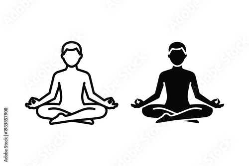 Two stylized figures meditating in lotus pose, one black silhouette and one outline, vector illustration