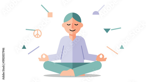 Mindful meditation. Serene person in lotus pose with abstract thoughts and peace symbol. Flat illustration for mental well-being.