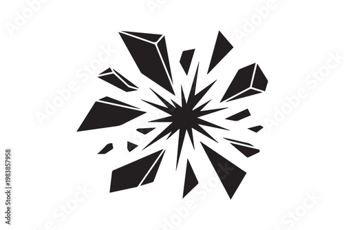 Explosion shattering glass shards in abstract black and white pattern, dynamic burst of fragments isolated on clean background.