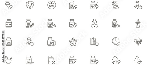 Supplement, nutrition and vitamin vector icons. Gym nutrition, dietary supplements, medical health, pharmacy, herbal medicine, wellness vector line icon set. Editable stroke