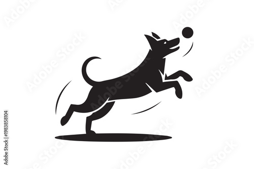 Jumping dog playing with ball silhouette for pet training service and animal shelter branding isolated on white background graphic element.