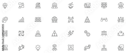 Teamwork icon set. Business related line icons: meeting, cooperation, support, collaboration, partnership, society, workshop, work group, human resource and more. Editable stroke.
