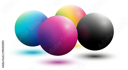 Vibrant gradient abstract spheres in cyan magenta yellow and black floating composition for modern graphic design branding wallpaper and CMYK printing inspired creative visual artwork background