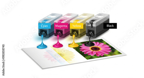 CMYK ink tubes with flowing colorful paint isolated on white background, vibrant cyan magenta yellow black printing concept for graphic design, creative modern abstract studio composition with glossy 