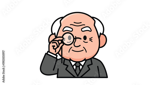 Elderly man with magnifying glass, cartoon illustration of senior in suit investigating or researching with curiosity