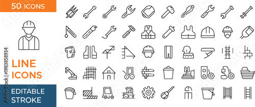 Construction tools and worker line icons set featuring equipment, safety gear, building elements, machinery, repair tools, and editable stroke vector collection