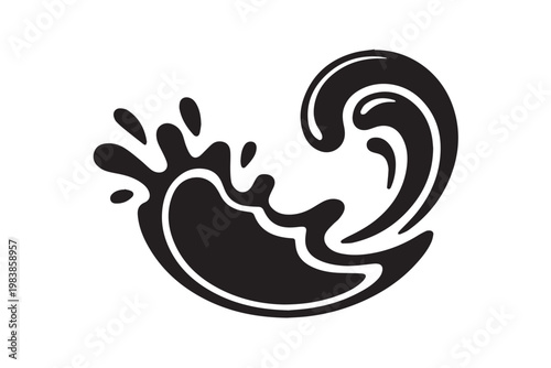 Stylized black and white water splash, dynamic liquid wave with droplets, abstract natural element.