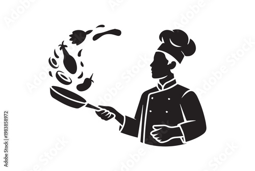 Silhouette of a chef tossing fresh ingredients in a frying pan, dynamic cooking scene, culinary profession.