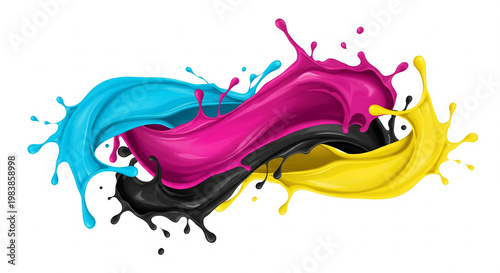 Dynamic splash of cyan magenta yellow and black liquid paint exploding in motion isolated on white background creative CMYK printing concept for advertising branding and artistic visual effects design