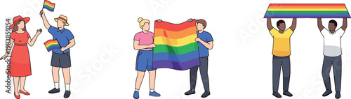 Diverse People Celebrating LGBTQ+ Pride with Rainbow Flags and Banners for Pride Month and Equality Designs