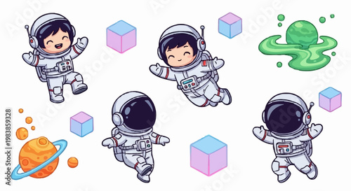 Vector illustration of happy child astronauts floating in space with glowing 3D cubes, planets, and cosmic slime. Kawaii style characters with joyful expressions.