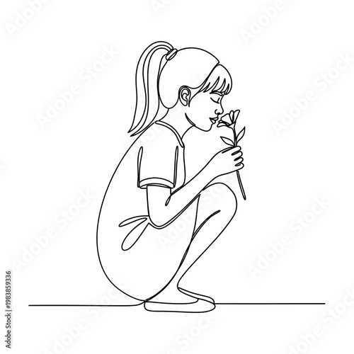 a girl smelling a single flower illustration line art peaceful moment