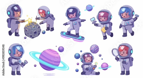 A set of 3D-rendered style illustrations featuring young astronauts painting a moon, riding a hoverboard, using a magnifying glass, and studying purple planets.