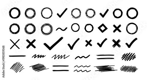 hand drawn collection of icons and symbols checkmarks crosses circles and scribbles