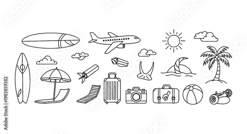 travel icons collection illustrating summer vacation and beach elements in a hand drawn line art style for holiday design projects.