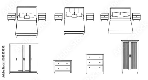 collection of line art bedroom furniture bed nightstand dresser wardrobe
