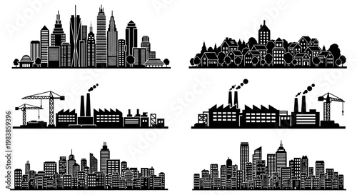 city skyline urban landscape building silhouette industrial buildings and townscape vector collection illustrating diverse architectural and development concepts