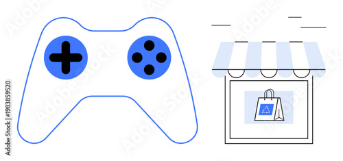 Gaming, e-commerce, digital sales, online shopping, entertainment, technology. A blue gaming controller and a store window with a shopping bag graphic. Gaming and e-commerce concepts