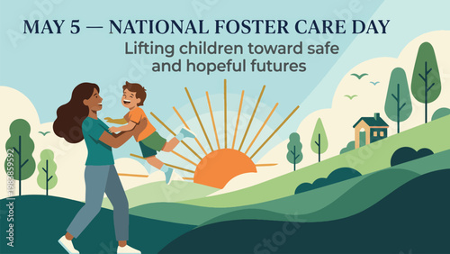 National Foster Care Day with caregiver holding child outdoors at sunrise, family support and hope concept, modern flat vector illustration