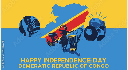 Happy Independence Day Democratic Republic of Congo with African symbols