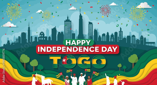 Happy Independence Day Togo with city skyline, fireworks, and people celebrating.