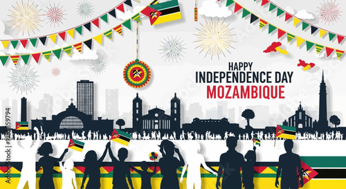 Happy Independence Day Mozambique with fireworks and city skyline