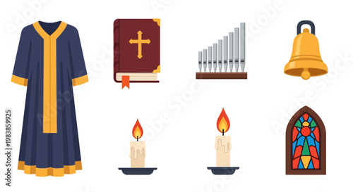 Religious Ceremony Symbols Including Clerical Robe Candles and Bible