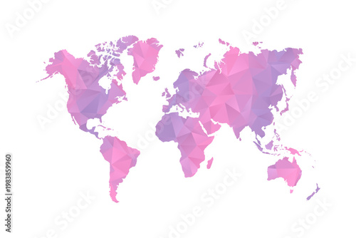 World Map - Polygon Style Vector Illustration in Pink and Purple Gradient, Low Poly Geometric Design, Isolated on White Background for Infographics and Education.