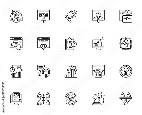 SEO icon set. Vector icons pack for digital marketing. Includes content management, keyword, promotion, search, portfolio, PPC, strategy, conversion and more. Editable stroke.