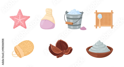 Collection of Bath and Spa Items including Starfish, Loofah, Bucket, Wooden Screen, and Skincare Products