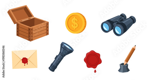 Vintage Treasure Chest with Coin Envelope and Spyglass