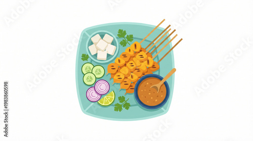 Indonesian Chicken Satay Sate Ayam with Peanut Sauce, Rice Cakes, and Vegetables Vector Illustration