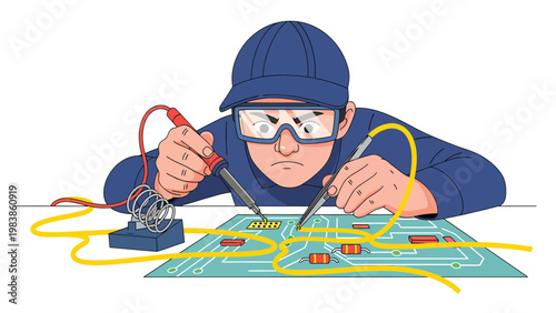 Focused Technician Soldering Electronic Circuit Board Components. Person Working on PCB with Soldering Iron. Electronics Repair & Assembly.