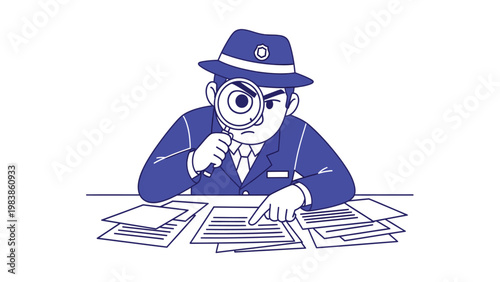 Detective with Magnifying Glass Examining Documents. Cartoon illustration for investigation, research, and analysis concepts.