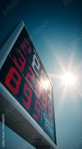Gas Station Price Board with Rising Fuel Prices and Dynamic Numbers, Bright Clear Sky Minimal Composition with High-Key Lighting, Global Inflation and Energy Cost Concept