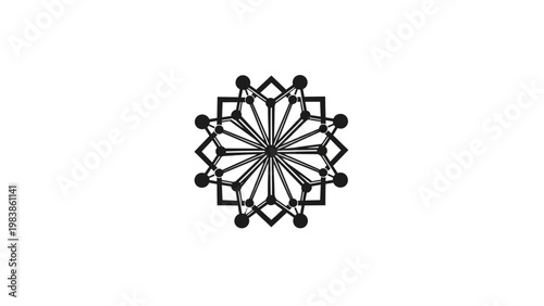 Intricate Geometric Mandala Design with Interconnected Shapes and Central Starburst Pattern.