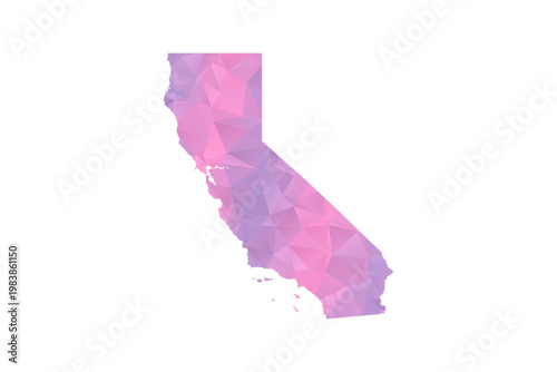 California Map - Polygon Style Vector Illustration in Pink and Purple Gradient, Low Poly Geometric Design, Isolated on White Background for Infographics and Education.