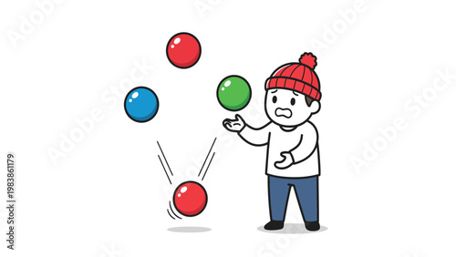 Overwhelmed cartoon character struggling to juggle multiple colorful balls, concept of challenge and multitasking failure