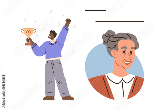 Achievement, personal success, mentorship, inspiration, role model, celebration. A person celebrating with a trophy and a smiling portrait of an elderly woman. Achievement and inspiration concept