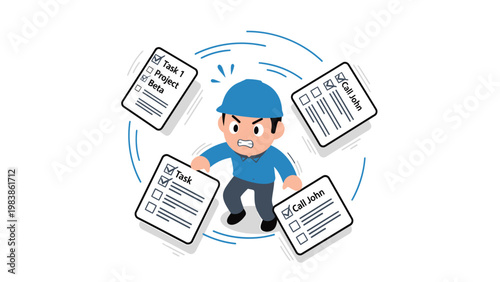 Stressed worker overwhelmed by multiple tasks. Business workload, multitasking, and deadline pressure concept illustration.