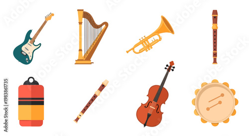 Collection of Musical Instruments Including Guitar Violin and Flute