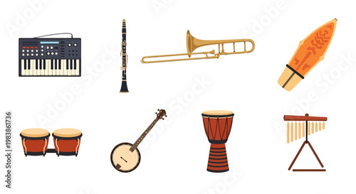 Music Instruments Collection Featuring Keyboards, Drums, and Wind Instruments