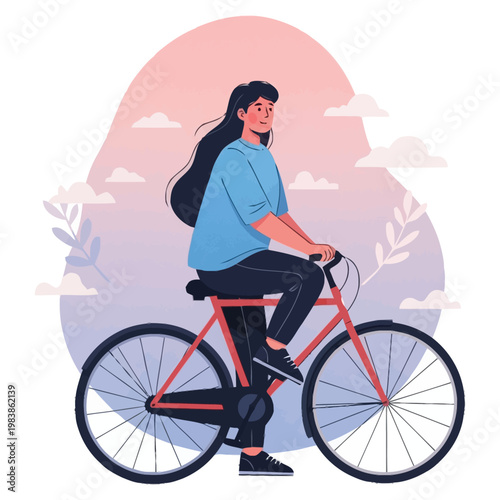 Young woman enjoys leisurely cycling outdoors with a serene sky featuring soft clouds and gentle foliage creating a peaceful recreational scene for healthy lifestyle activities and