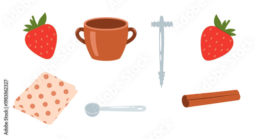 Cute Coffee Mug with Strawberries and Kitchen Items for Breakfast Scene