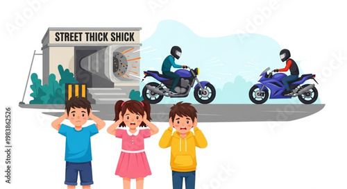 Children cover ears from loud motorcycle noise on street.