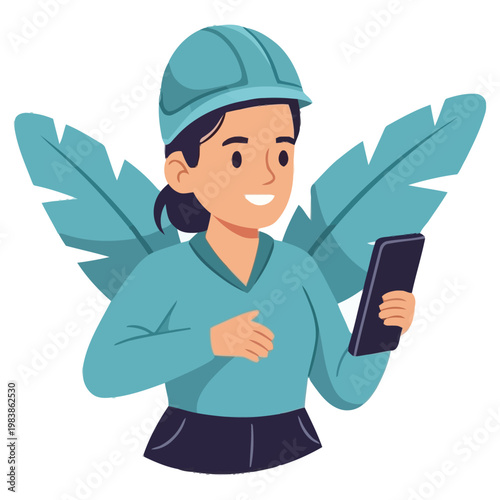 Smiling Female Construction Worker Holding Smartphone App Device With Safety Helmet On Head Wearing Blue Uniform With Large Leaf Shapes Behind Her Creating A Positive Work Environment For