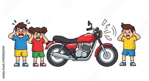 Children Cover Ears From Loud Motorcycle Noise.