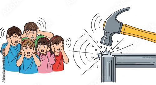 Children Covering Ears From Loud Hammer Noise Construction.