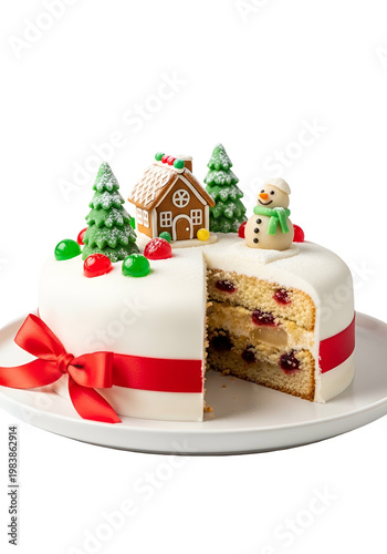Christmas Fruitcake With Gingerbread House Snowman And Trees Festive