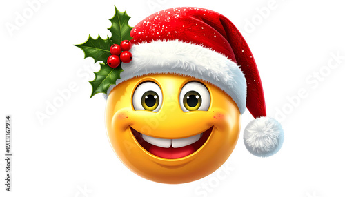 Christmas Emoji Santa Hat Holly Isolated Realistic 3D Rendering